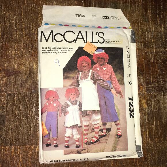 Vintage McCalls Sewing Pattern 7232 Raggedy Ann Andy Costume Size Small UNCUT - Picture 3 of 3